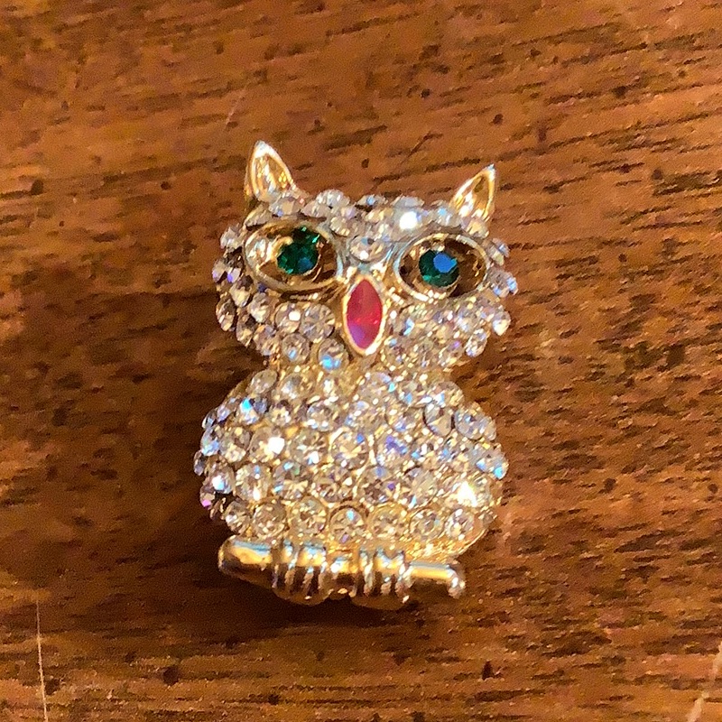 Vintage 1980s Clear  Green Rhinestone Owl Brooch